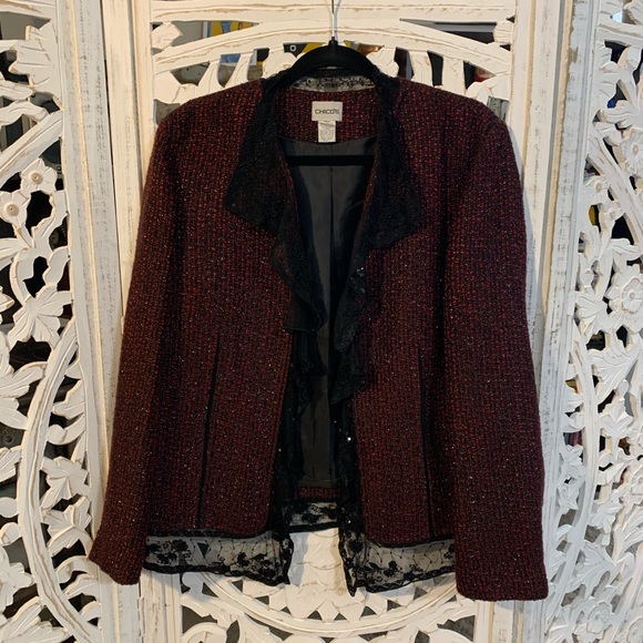 Chico’s Holiday Sparkle Sequin Jacket with Lace trim details - Medium - Picture 5 of 10